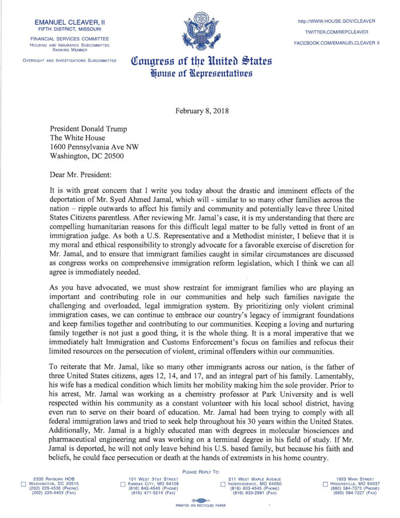 A letter from Representative Emanuel Cleaver, II to President Trump regarding Syed Ahmed Jamal's case.